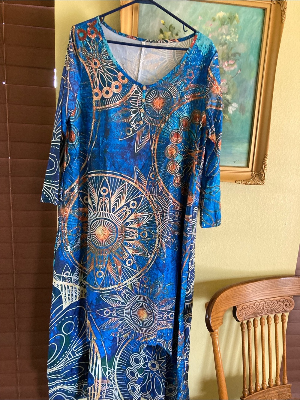 Blue Asymmetrical Women's Dress with Gold Accents